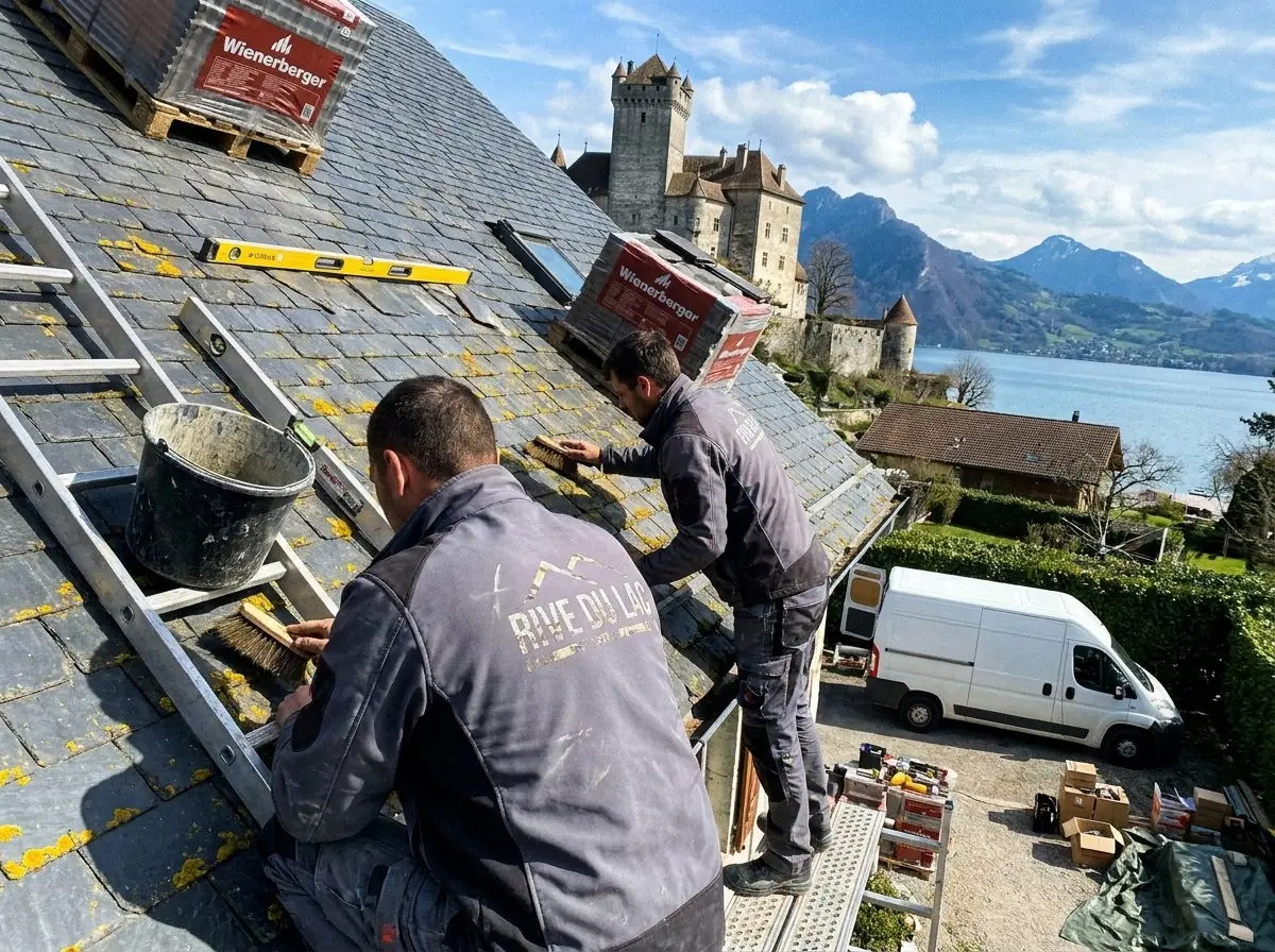 Couvreurs de Rive du Lac Toitures brossant les lichens d'un toit en ardoise à Duingt, le château et le lac d'Annecy en contrebas