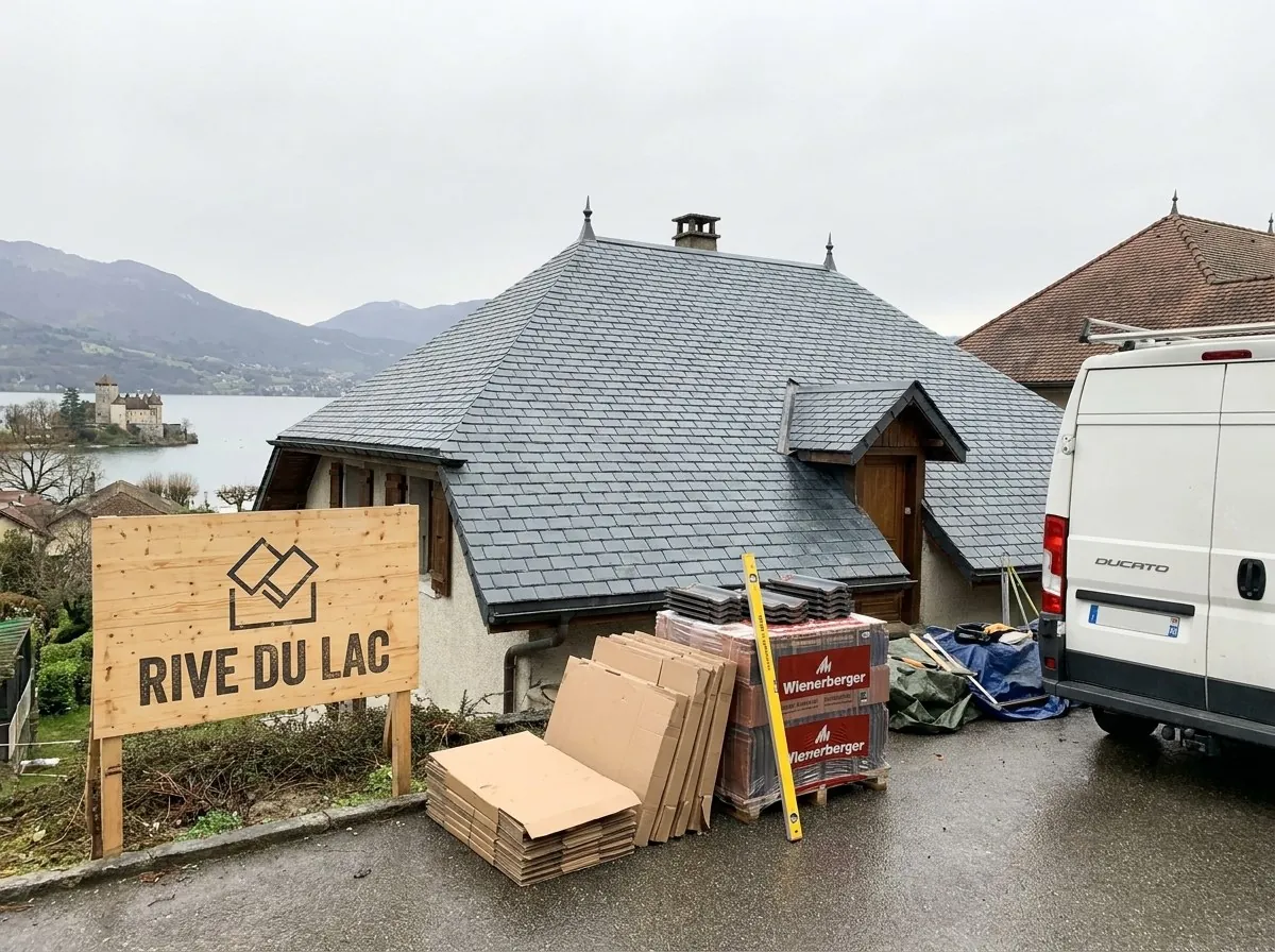 Toiture en ardoise terminée par Rive du Lac Toitures sur une maison de Duingt, panneau de chantier et château sur le lac d'Annecy en arrière-plan
